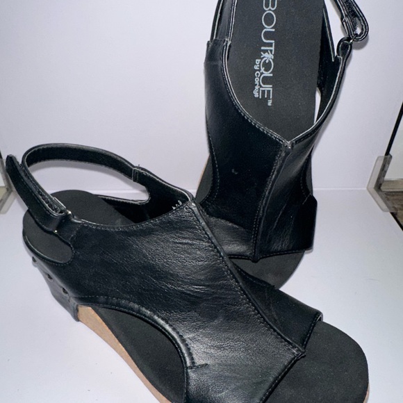 Boutique Corkys Shoes - Boutique by Corkys- Black Leather Slingback Wedge Sandals
